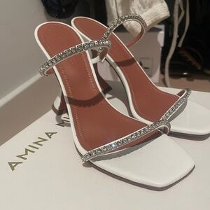 Amina Muaddi Gilda Slipper 95mm/4inch heel in Patent White size 37.5